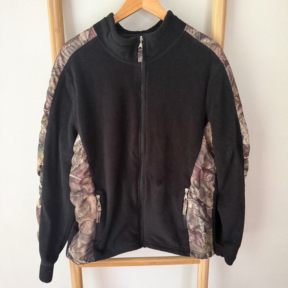 Camo Panel Fleece Jacket Black Full Zip Hunting Outdoor Mens Size Large